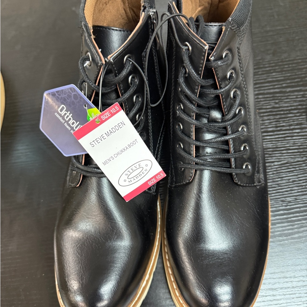 Steve Madden Black Leather Chukka Boots with Tan Trim